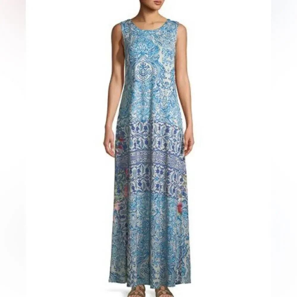 Johnny Was Womens Greyson Tank Maxi Dress Resort Stretch Summer Blue Floral XS